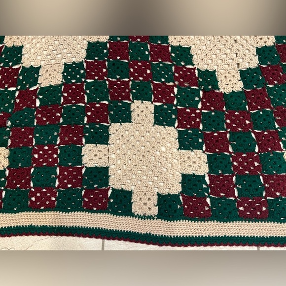 VTG Handmade Afghan Couch Throw Blanket Maroon Green Tan 60” x 65” Crochet - Picture 5 of 8